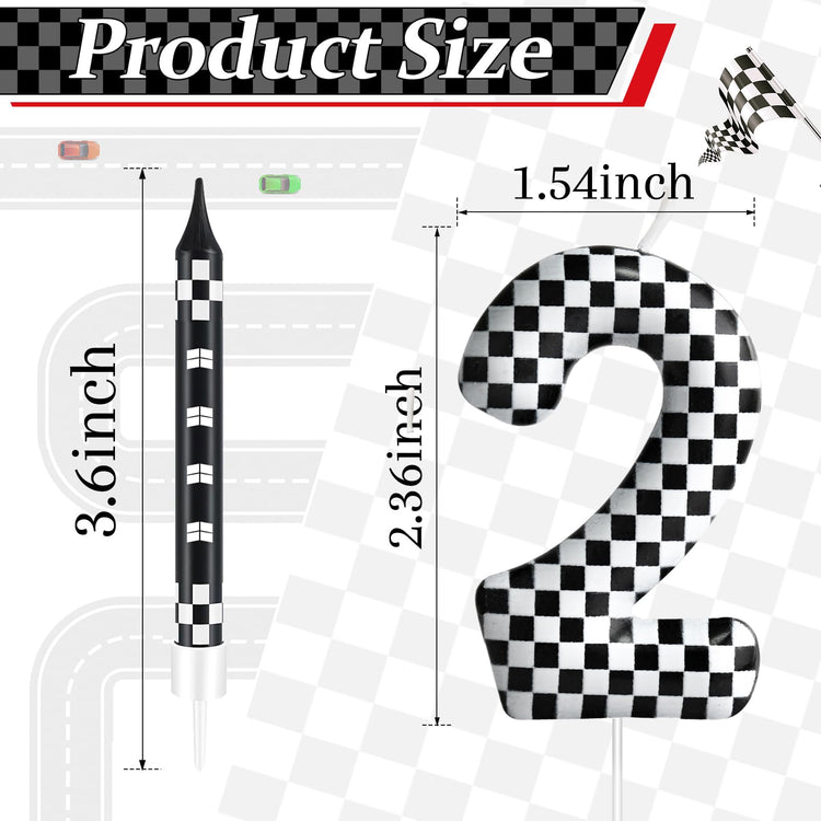 13 Pcs Racing Cars Themed Birthday Candles Black and White Race Number 2 Checkered Candle Cake Topper for Racing Car Party Decoration Supplies (13 Count)