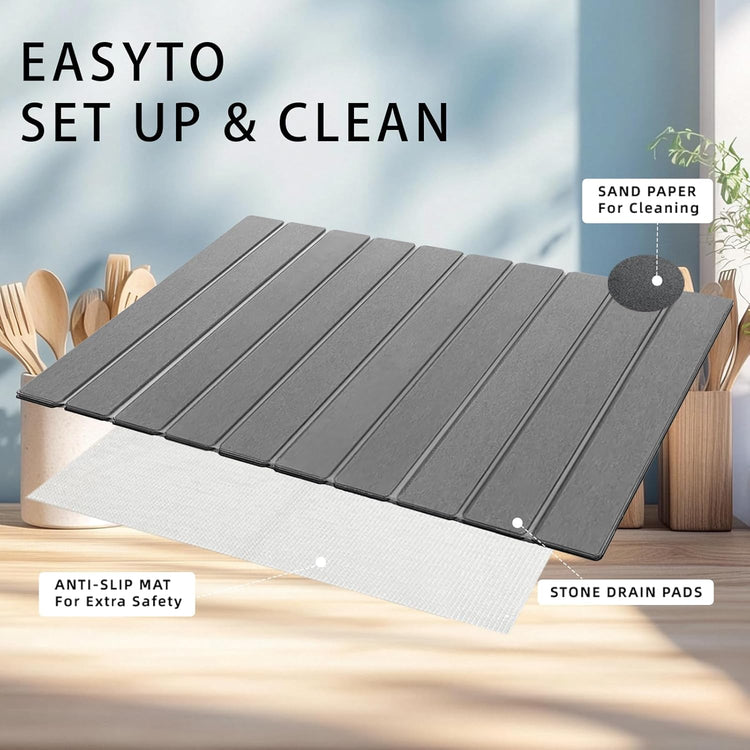Stone Drying Mat for Kitchen Counter, Collapsible Dish Drying Mat, Fast Drying Diatomaceous Earth Dish Drying Mats, Water Absorbent Diatomite Kitchen Mat (Dark gray, small size)