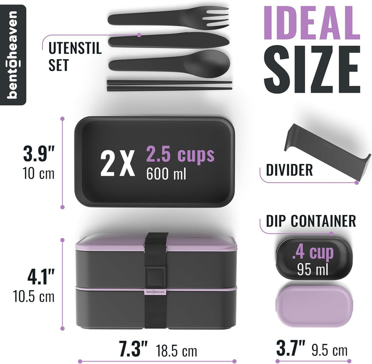 Bentoheaven Premium Bento Box Adult Lunch Box with Compartments for Women & Men, Set of Utensil & Chopsticks & Dip Container, Cute Japanese Kids Bento Lunch Box, Microwavable (Violet Me Go)
