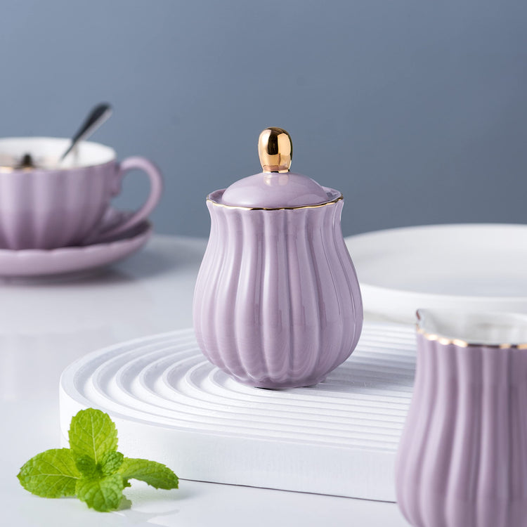 Fine China Purple Teapot and Creamer Sugar Bowl Set