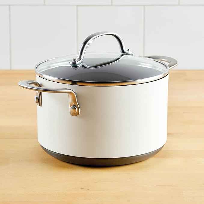 Anolon Achieve Hard Anodized Nonstick Saucepot with Lid, 4 Quart, Cream