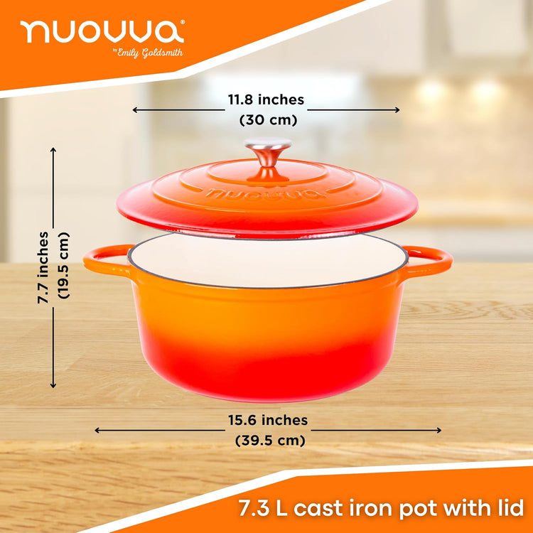 Cast Iron Dutch Oven with Lid – Non-Stick Ovenproof Enamelled Casserole Pot – Sturdy Dutch Oven Cookware – Orange, 7.3-Quart, 30cm – by Nuovva - Nestoria