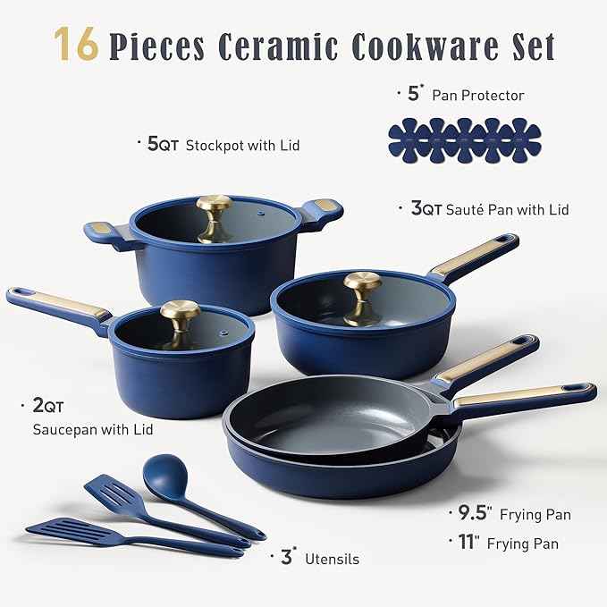 CAROTE Ceramic Cookwar Set, Pots and Pan Set Non Stick 16 Piece, Cookware Set Kitchen Cooking Set Non Toxic, PFAS PTFE Free, Blue