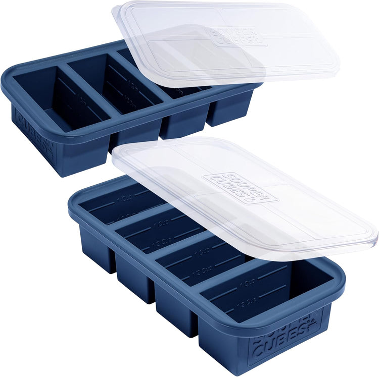 Souper Cubes 1 Cup Silicone Freezer Tray with Lids, Perfect for Storing Broth, Leftovers, Rice, Sauce and More, Silicone Soup Freezer Molds for Meal Prepping - Blueberry - 2-Pack