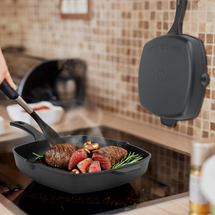 10.5 Inch Cast Iron Square Grill Pan with Tempered Glass Lid
