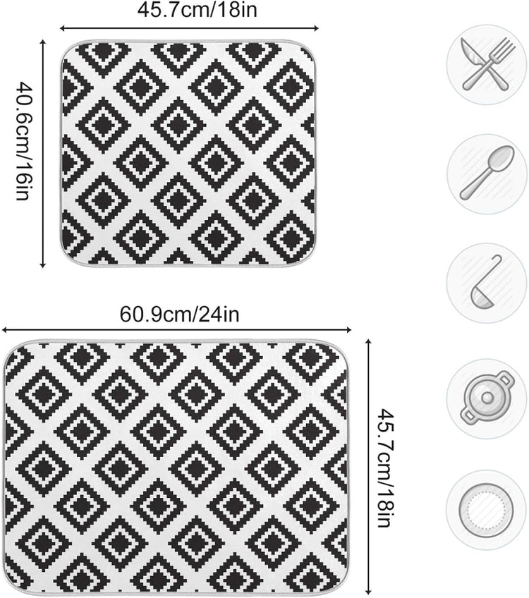 Super Absorbent Dish Drying Mat, Microfiber Fast-Drying Dish Mat, 16" x 18, Kitchen Dish Drying Pad, Grey Moroccan Rhombus Plaid