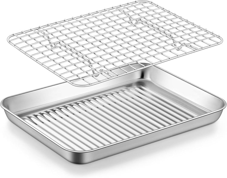 TeamFar 10.5'' Stainless Steel Compact Baking Pan Toaster Oven Tray with Cooling Rack, Corrugated Bottom & Grid Mesh Rack, Non-Toxic & Heavy-Duty