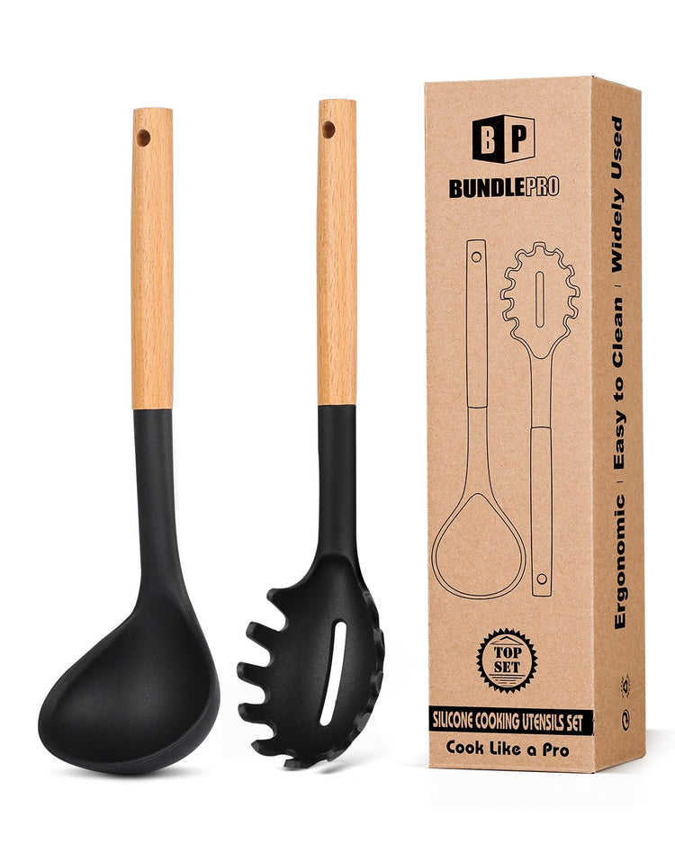 Silicone Pasta Fork and Ladle Spoon Set with Wooden Handle (2 Count)