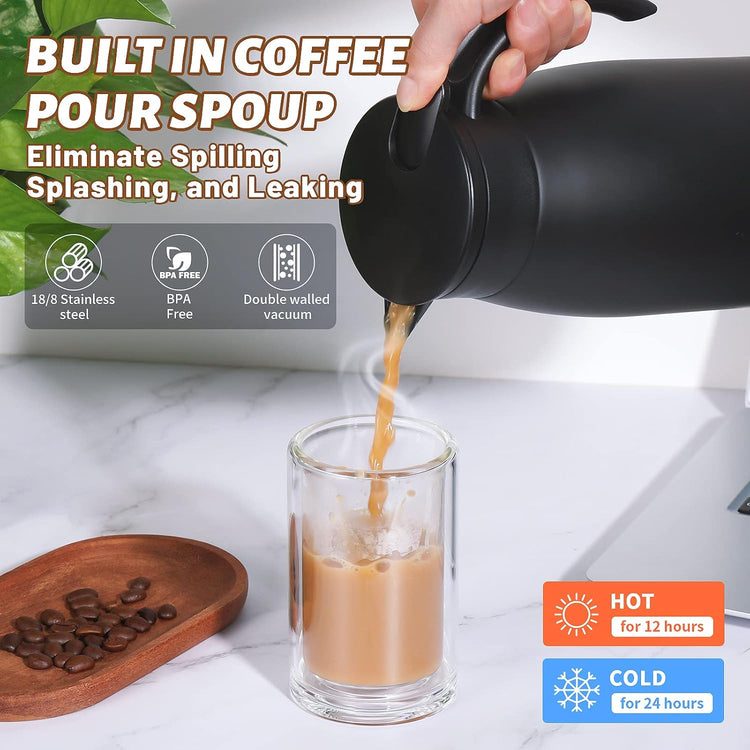 34 Oz Thermal Carafe, Insulated Stainless Steel Coffee Carafes for Keeping Hot Coffee & Tea for 12 hrs and Cold for 24 hrs, 1L/Black