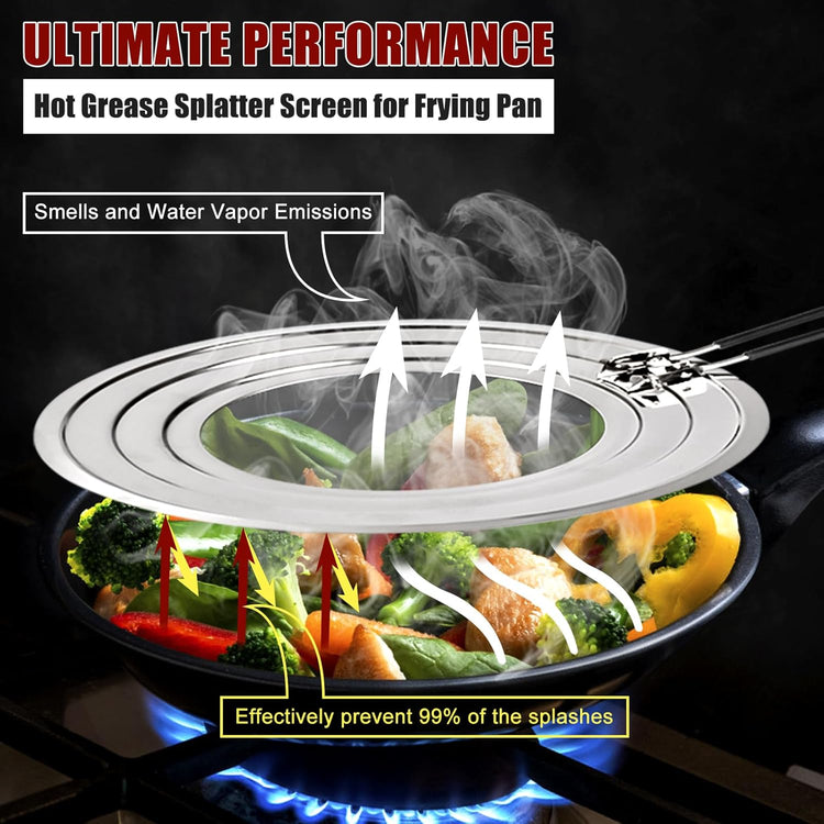 Stainless Steel Splatter Screen for Frying Pan - Grease Splatter Guard with Folding Handle - Cover Oil Splash from Bacon, Oil, or Deep Fryer - Food Strainer and Universal Cookware