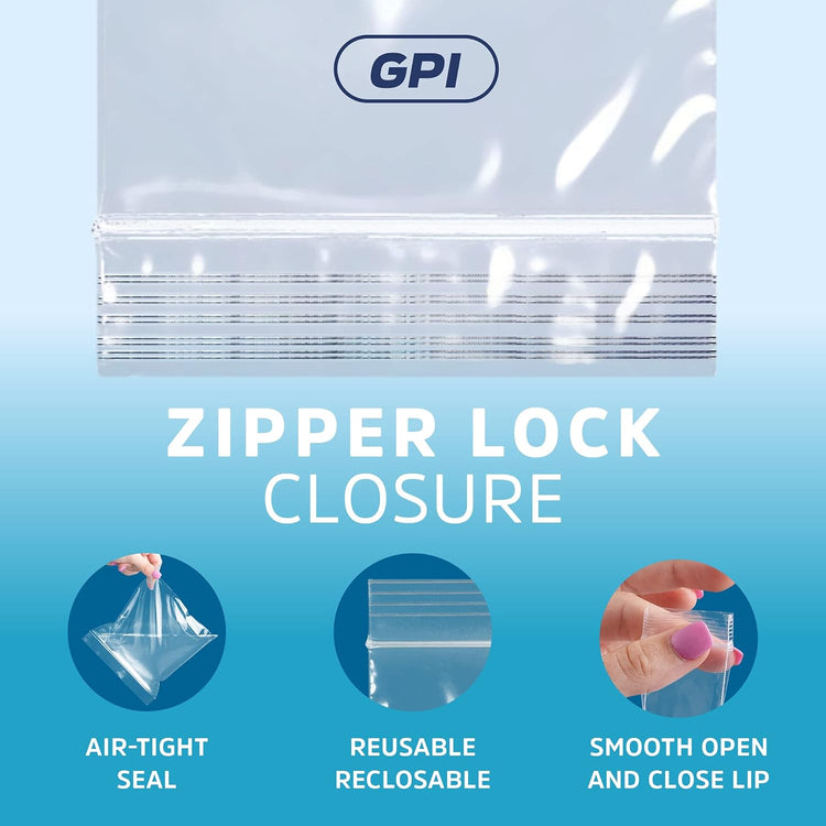 GPI Pack of 100, 2 Gallon, 13" X 15" Clear Plastic Reclosable Zip Bags - Bulk 2 Mil, Large, Strong & Durable Poly Baggies with Resealable Zip Top Lock for Travel, Storage, Packaging & Shipping.