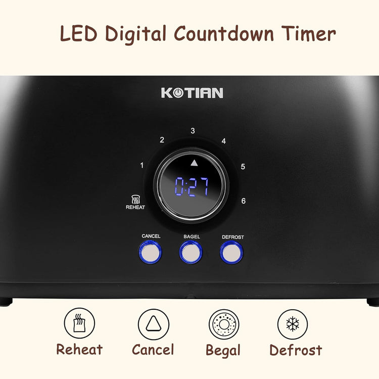 Toaster 4 Slice,KOTIAN Retro Long Slot Toasters with Countdown Timer,Stainless Steel Toaster,Bagel,Defrost,Reheat,Cancel Functions,Extra Wide Slots,6 Toast Settings,Removable Crumbs Tray,Matte black