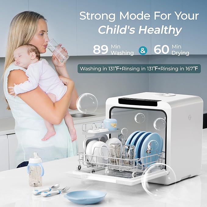 EUHOMY Countertop Dishwasher Portable with 8 Programs, 5L Built-in Water Tank, 167โ High-Temp, No Hookup Needed, Portable Dishwasher with Slef-Clean/Baby Care/Air Dry/Quick/ECO/Fruit/Normal Mode