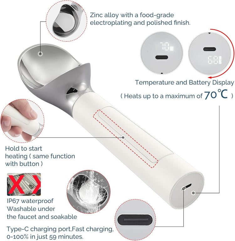 Heated Ice Cream Scoop Rechargeable, Electric Warming Ice Cream Scooper with LED Display, Heats to 158°F for Hard Ice Cream, Easy for Seniors & Kids, IP67 Waterproof (White, 2 oz)