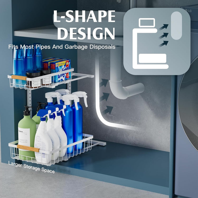 Metal Under Sink Organizers and Storage, 2 Tier Under Sink Organizer Pull Out, Adjustable Under Kitchen Sink Organizer, Sliding Cabinet Organizer for Bathroom, White