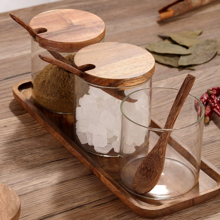 3 Pack 250ml / 8.5oz Clear Glass Spice Jar with Acacia Wooden Lid and Spoon, Classic Style, Kitchen Storage Container, 3.2 inches (diameter) x 3.5 inches (height)