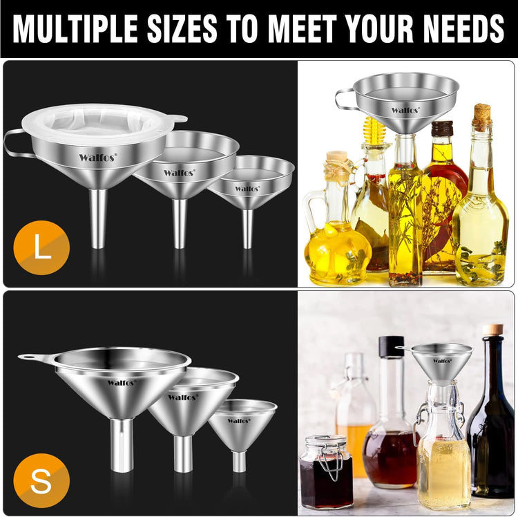 Stainless Steel Funnel, Walfos 6 Different Sizes of Kitchen funnels with 2 Removable Strainer & 1Pcs Cleaning Brush, 200 Mesh Food Filter Strainer,for Transferring of Liquid, Oils, Jam, Powder