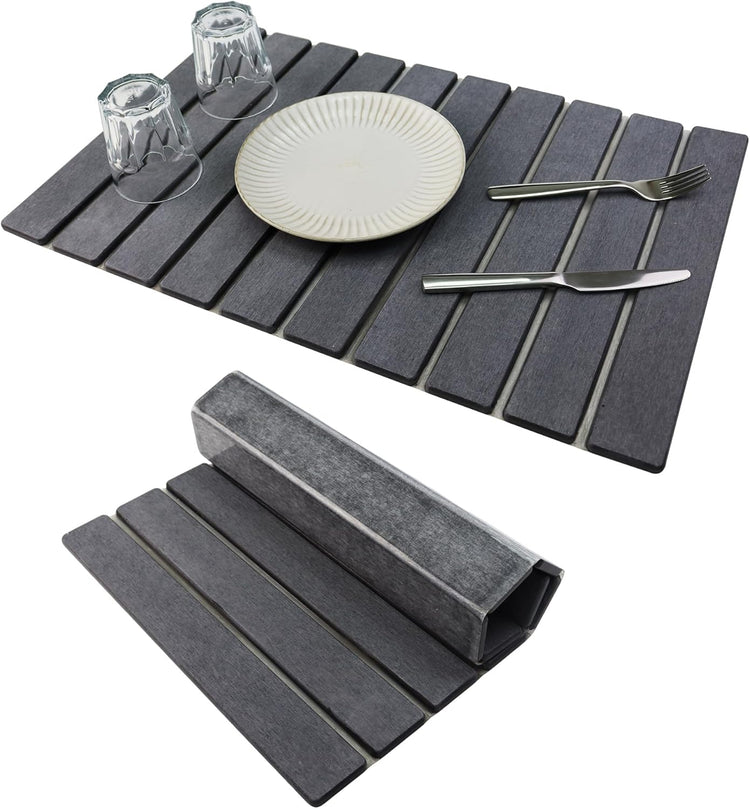 Large Stone Drying Mat for Kitchen Counter Diatomaceous Earth Collapsible 24”(L)*16”(W)Super Heat Resistant Mats, Quick Absorbent Dish Drying Rack(Dark Gray)