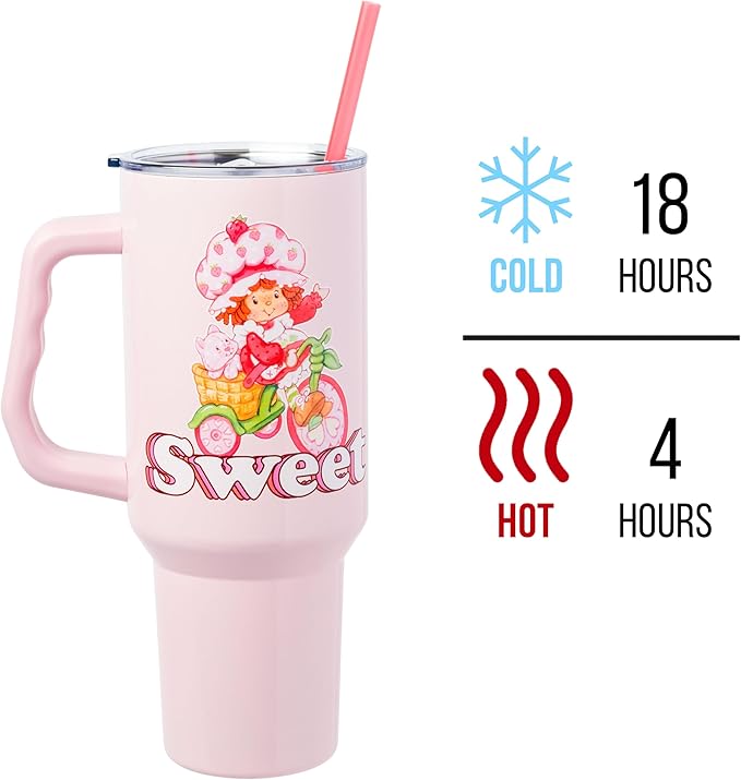 Silver Buffalo Strawberry Shortcake and Custard “Sweet” Double Walled Stainless Steel Tumbler with Handle, Fits in Standard Cup Holder, 40 Ounces