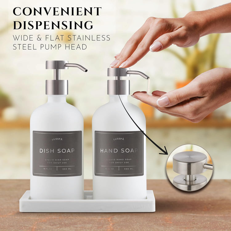 Lotion, Hand & Dish Soap Dispenser for Kitchen Sink - Bathroom Soap Dispenser Set of 2 16.8 Oz Glass Bottles with Stainless Steel Pump, 15 Water Proof Labels & Silicon Tray (White/Silver)