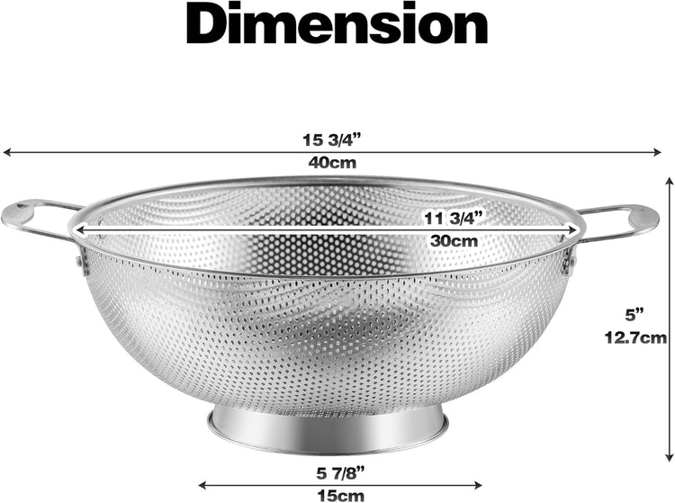 Tiawudi Large 6-Qt Colander, 18/8 Stainless Steel Mesh Strainer for Kitchen, Food Sieve with Riveted Handles and Self-draining Solid Ring Base, Great for Pasta, Rice, Vegetables and Fruits