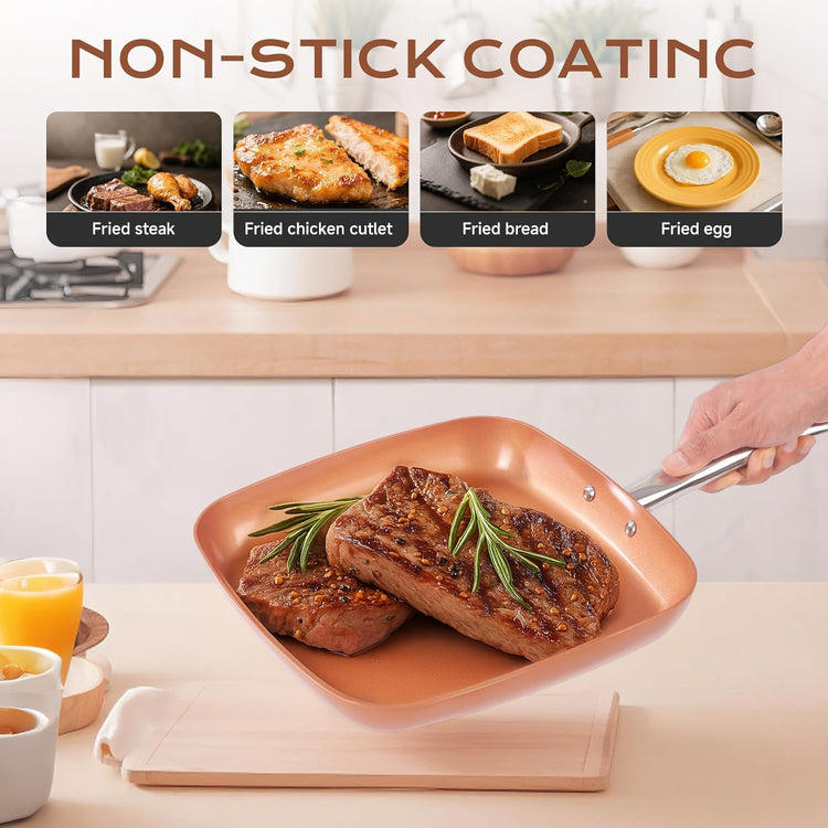 Non-Stick Copper Square Frying Pan, 12" Chef Skillet with Ceramic Coating, Oven Dishwasher Safe, PFOA-Free, Home Use for All Stoves - Nestoria
