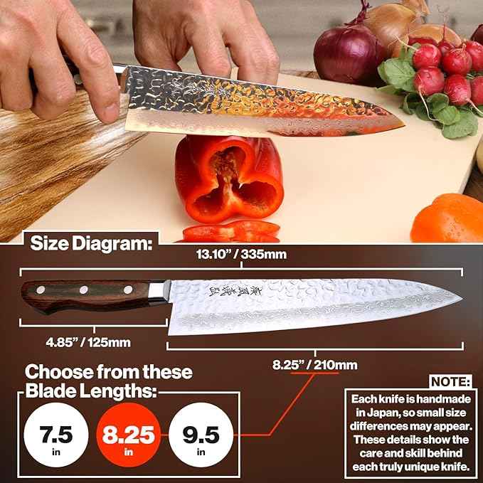 Yoshihiro VG10 16 Layer Hammered Damascus Gyuto Japanese Chefs Knife (8.25'' (210mm))
