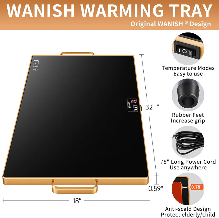 Electric Warming Tray (XXL 32”x18”),Food Warmers for Parties Buffet with Thermostat & Full Surface Heating, Tempered Glass Warming Mat for Food, Temperature Adjustable Gold Handles Food Warming Mat