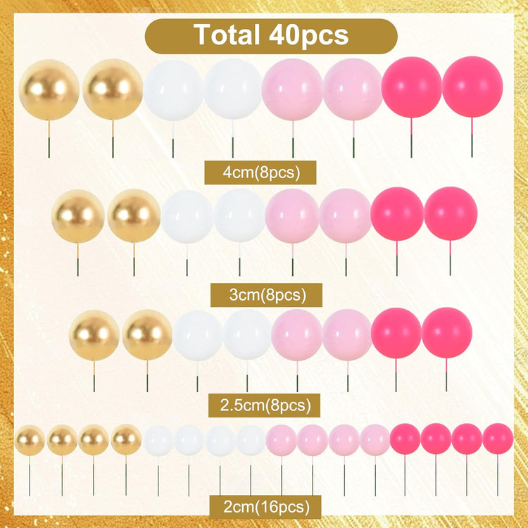 BEISHIDA 40 Pcs Foam Ball Cake Toppers with Sticks Mini Cake Decorations for Birthdays, Weddings, Baby Showers, DIY Baking Supplies, Anniversary Party (Hot Pink,Pink,White,Gold)
