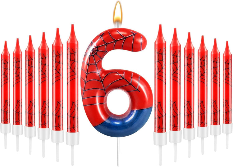 13 Pcs Spider Themed Birthday Candle Set Red Spider Theme Number 6 Candle Cake Topper for Boys Girls Birthday Decoration Spider Party Decoration Supplies (Number 6)