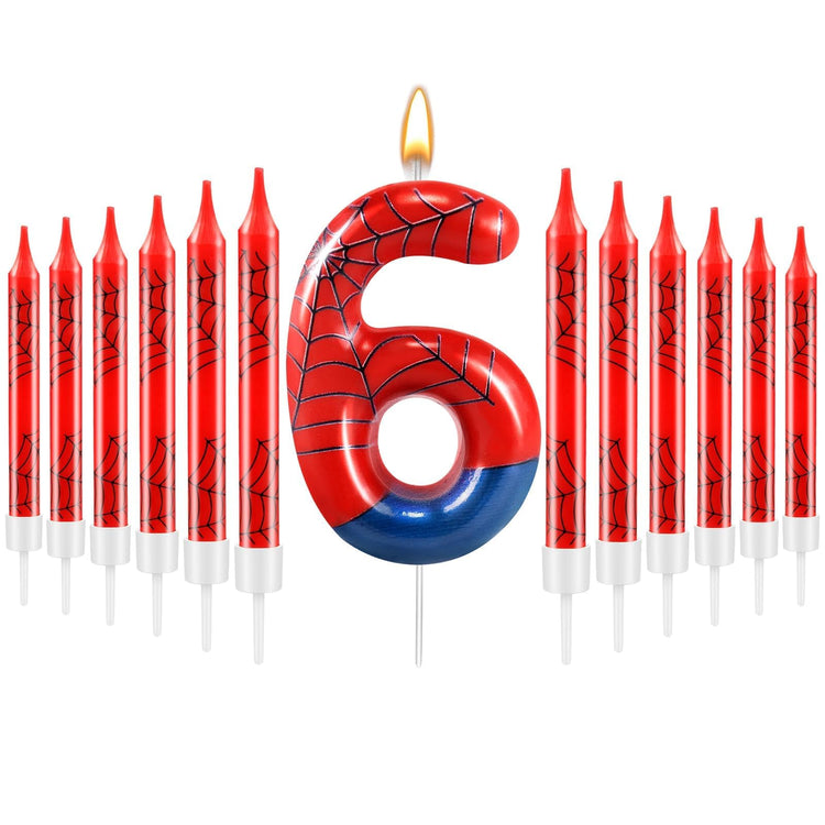 13 Pcs Spider Themed Birthday Candle Set Red Spider Theme Number 6 Candle Cake Topper for Boys Girls Birthday Decoration Spider Party Decoration Supplies (13 Count)