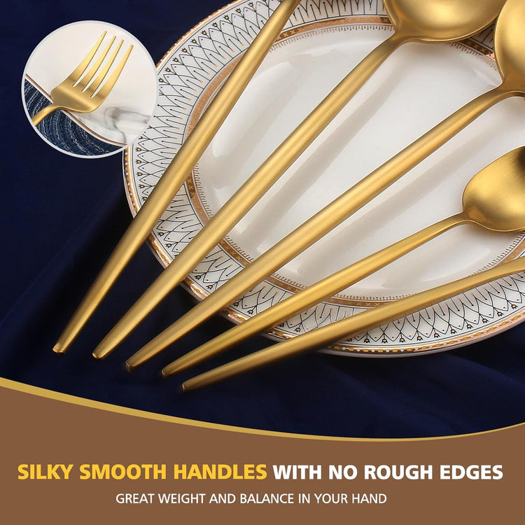 Matte Gold Serving Set,Oliviola 5-Piece Stainless Steel Large Hostess Set with Round Edge, Satin Finished, Dishwasher Safe -Large Spoon, Large Fork,Butter Knife,Sugar Spoon & Slotted Spoon