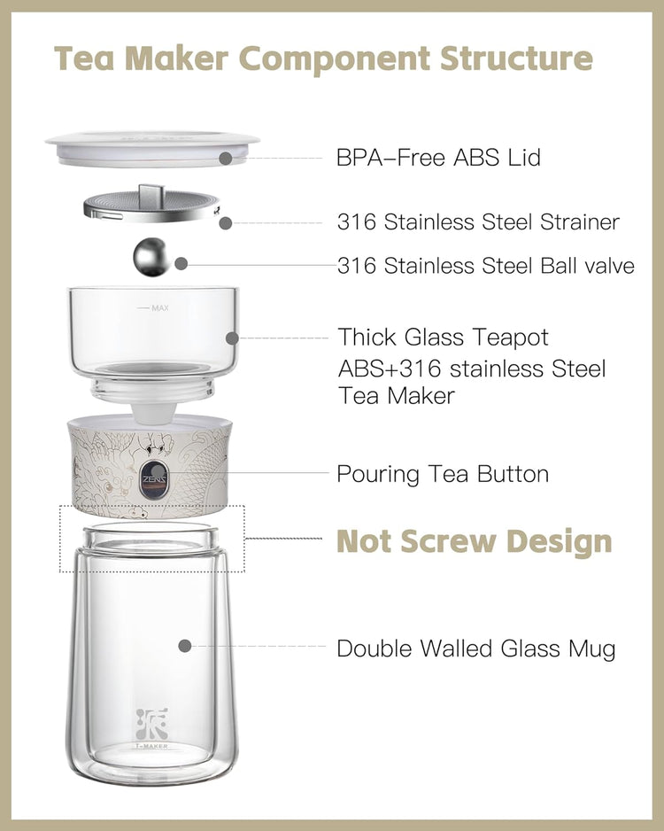 ZENS Cool Glass Teapot with Infuser, Smart One Touch Tea Maker for Loose Tea Diffusers with Insulated Mug and Portable Tea Kits, Enchanted Teapot Alternatives for Tea Lover Gifts