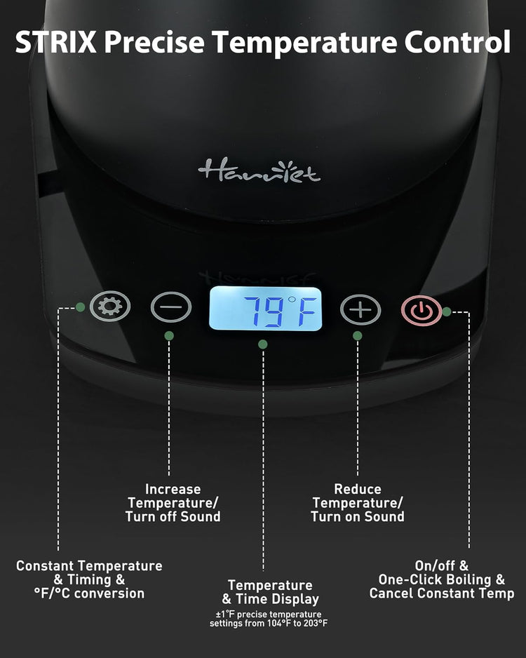 Harriet Gooseneck Electric Kettle - 1200W Fast Heat, 0.8L Stainless Steel, Precision Temp Control & Timer, Wood Handle, Pour Over Coffee and Tea, Black