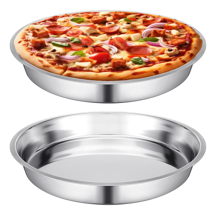 2 Pcs 16 Inch Large Deep Pizza Pans Stainless Steel Pizza Tray Round Oven Tray Rust Proof Reusable Bakeware Cooking Pan Dishwasher Safe for Baking (2 Count)