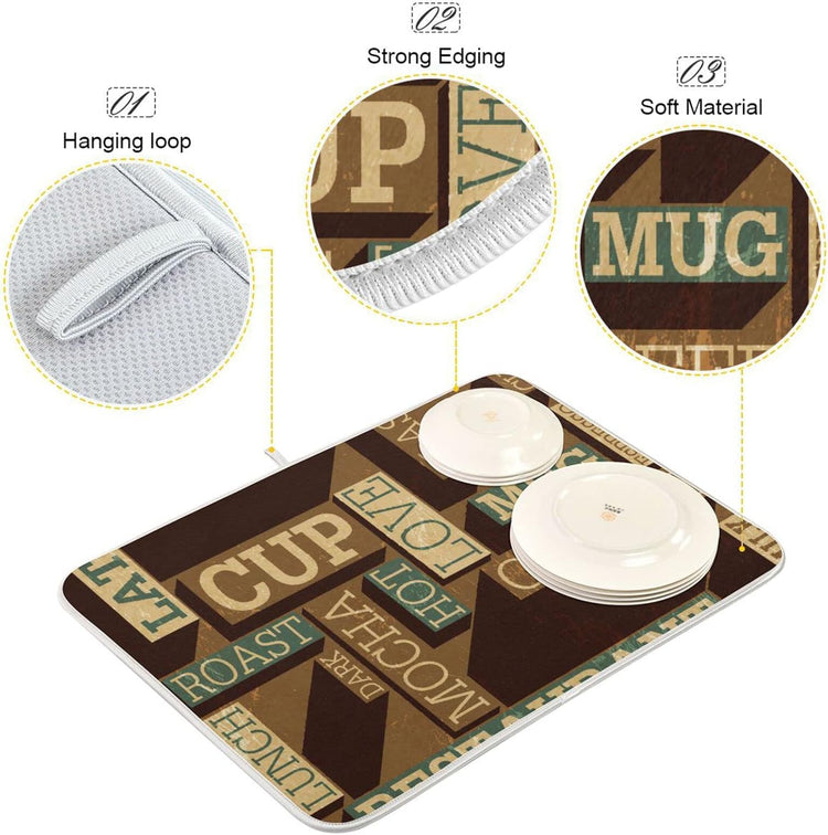 senya Super Absorbent Dish Drying Mat, Microfiber Fast-Drying 16'' x 18'', Kitchen Pad, Coffee Themed Seamless Retro