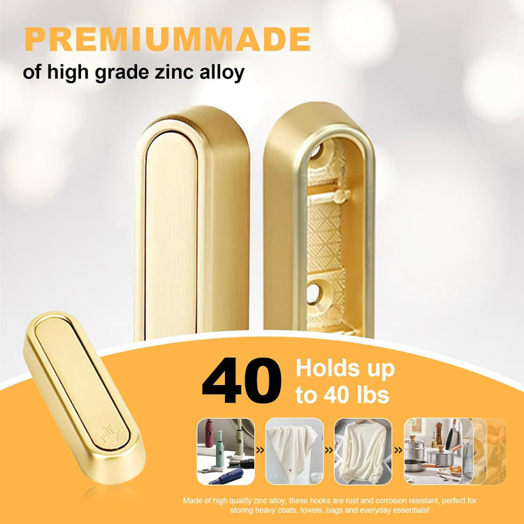 Heavy Duty Gold Folding Wall Hooks 2 Pack, Space Saving Foldable Coat Hooks for Bathroom, Closet, Entryway, Kitchen, Towel, Robe, Bag, Hat Hanging, Easy Mount, Zinc Alloy, Corrosion-Resistant 
