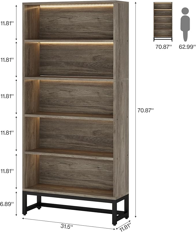 Tribesigns Tall Bookcase Bookshelf, 70.8" Large Bookcases Organizer with LED Lights, Heavy Duty Free-Standing Library Bookshelf with 5-Tier Storage Shelves for Living Room, Bedroom (Gray)