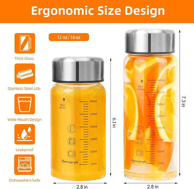 Glass Juice Bottles 6 Pack 12 oz - Wide Mouth Glass Water Bottles with Lids - for Juicing, Smoothies, Milk, Protein, BPA Free, Reusable, Stainless Steel Lids, Leak Proof, Shaker bottle (12oz/400ml)