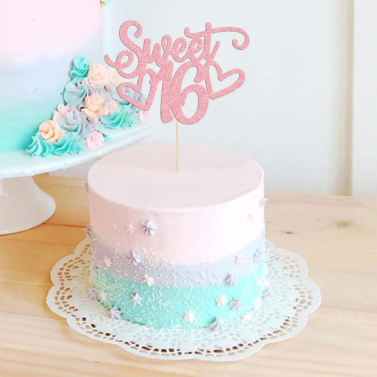 1Pc Sweet Teenager 16 Cake Topper Glitter 16th Birthday Cake Pick for Cheers to 16 Years Old 16th Birthday Party Cake Decorations Supplies Pink