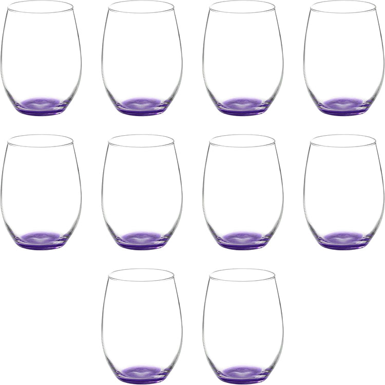 DISCOUNT PROMOS 10 ARC Stemless Wine Glasses Set, 21 oz. - Chardonnay, Cabernet, Merlot, Sauvignon - Purple