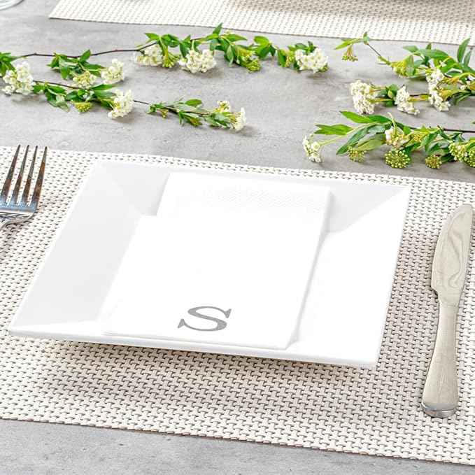 Luxenap 15.8 X 7.9 Inch Linen-Feel Guest Towels, 2000 Lettered Hand Towels - Silver Letter 'S', Sans Serif Font, White Paper Dinner Napkins, airlaid, For Restrooms And Tables - Restaurantware