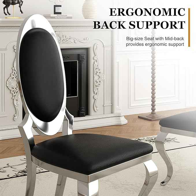 Modern Dining Chairs Set of 2, Luxury Faux Leather Upholstered Armless Dining Room Chair with Mirrored Stainless Steel Silver Legs, Mid Century Accent for Wedding Party Banquet Reception, Black