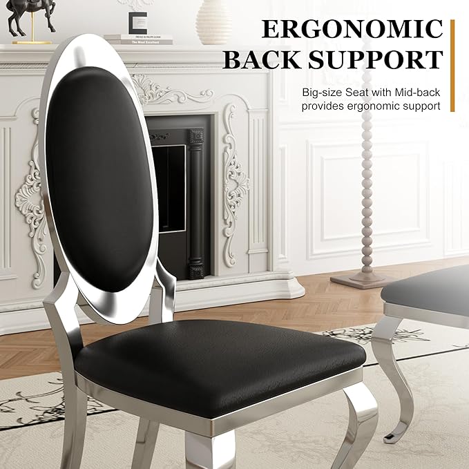Modern Dining Chairs Set of 4, Luxury Faux Leather Upholstered Armless Dining Room Chair with Mirrored Stainless Steel Silver Legs, Mid Century Accent for Wedding Party Banquet Reception, Black