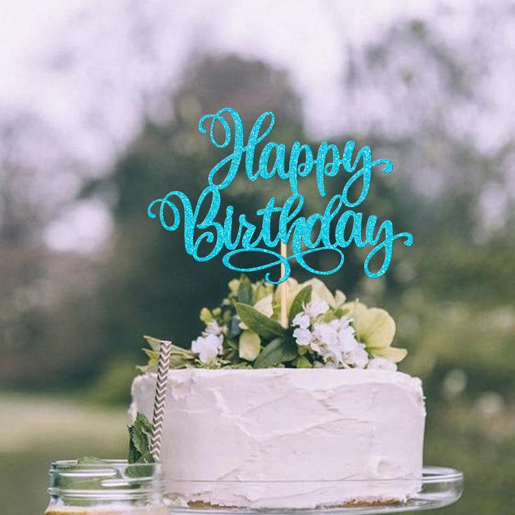 1 PCS Happy Birthday Cake Topper Glitter Cake Pick for Celebrating Anniversary Party Cake Decorations Supplies Lake Blue