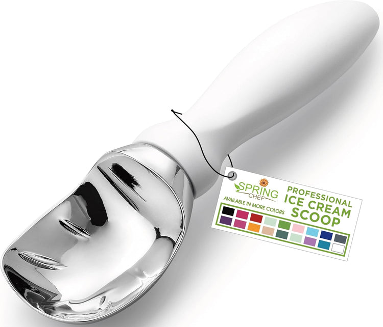 Spring Chef White Commercial Ice Cream Scoop with Comfortable Handle - Heavy Duty Metal Ice Cream Scooper for Frozen Yogurt, Gelato, Sorbet, Melon, Sundae - Dishwasher Safe Kitchen Tool