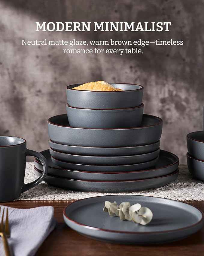 Famiware Mercury Dinnerware Sets with Mugs, Service for 4 (16 Pieces), Plates and Bowls Sets, Microwave and Dishwasher Safe Dishes Set, Charcoal