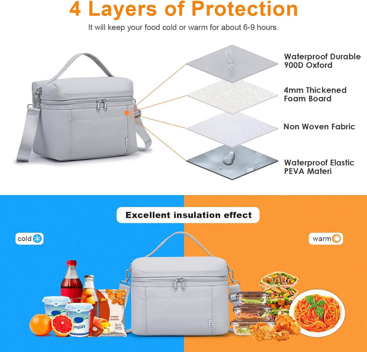 NOL Natural Organic Lifestyle Insulated Lunch Bags for Women Cooler Bag Lightweight Nylon Waterproof Lunch Box For Work (Small,Gray White)