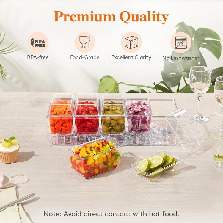 Lifewit 2 Pack Taco Bar Serving Set for Party with5Containers(2.5 Cup)&Components,Large Ice Chilled Condiment Caddy Organizer, Garnish Serving Tray Platter for Mimosa Bar Accessories,Fruit,Salad,Food