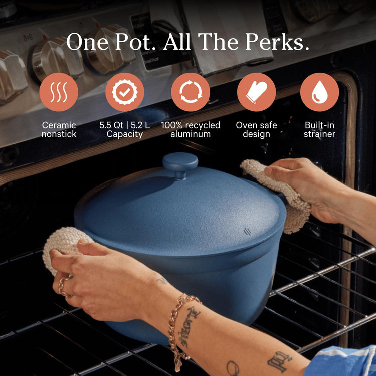 Our Place Perfect Pot - 5.5 Qt. Nonstick Ceramic Sauce Pan with Lid | Versatile Cookware for Stovetop and Oven | Steam, Bake, Braise, Roast | PTFE and PFOA-Free | Toxin-Free, Easy to Clean | Blue Salt - Nestoria